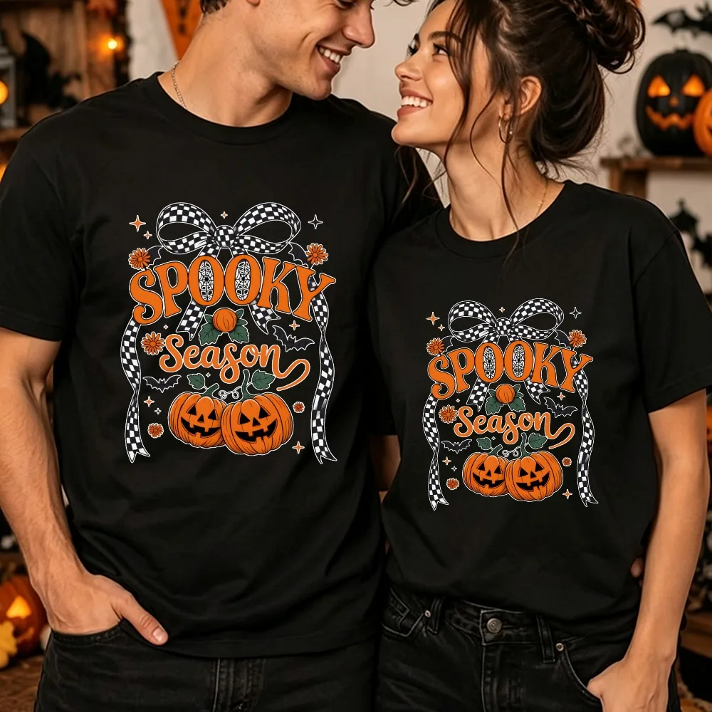 Halloween Spooky Season Couple Matching T-shirt Men Women Cotton Short Sleeve Pumpkin Bat Checkered Bow Graphic Unisex Tee Fall