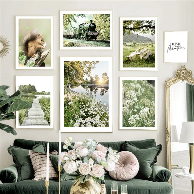 Wild Flowers Sunrise Poster Field of Daisies Spring Dandelion River Animal Fox Squirrel Canvas Painting Wall Art Home Decor