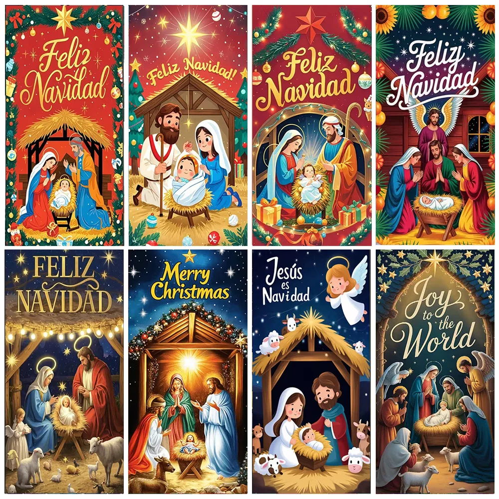 

Traditional Nativity Scene Party Decoration Door Cover Background Religious Jesus Christmas Backdrops Banner Photography Props