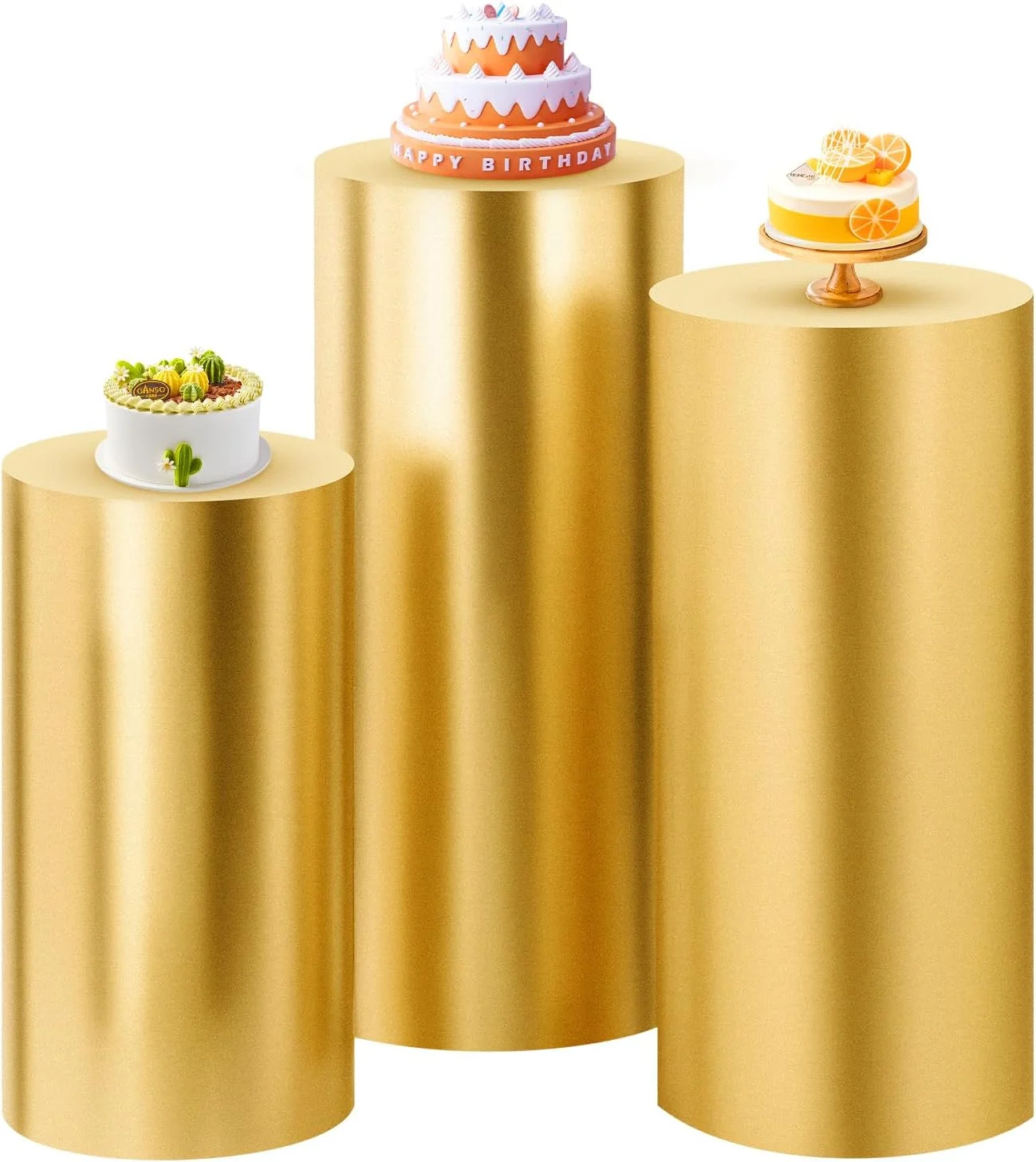 3Pcs Shiny Gold Cylinder Pedestal Stand Covers Elastic Plinth Pillars Cover for Wedding Luxury Birthday Party Table Decor