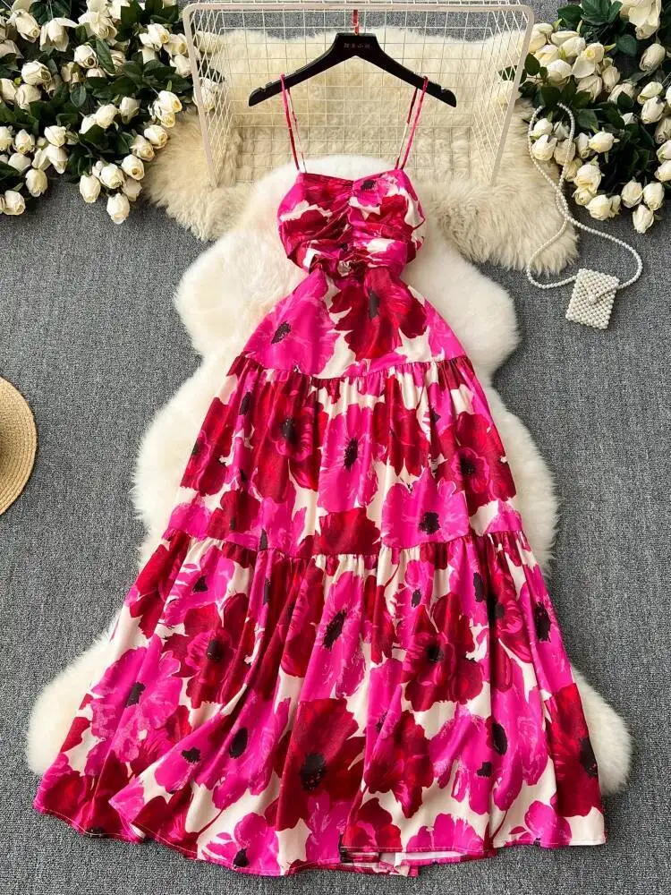 المرأة المطبوعة فستان طويل الصيف مطوي حمالة فساتين عطلة السيدات سليم ألف خط بلا أكمام الأزهار بوهو نمط رداء طويل