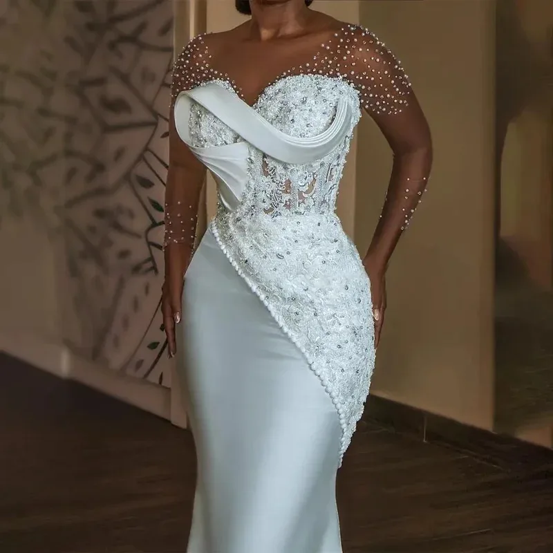 Vestidos de novia de encaje con cuentas de lujo personalizados, mangas largas transparentes, sirena, cuello en V, tren de barrido, vestido de novia Civil para novia