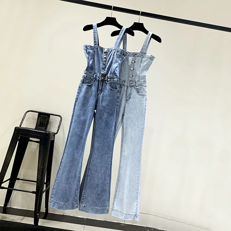 Slim Wide-Leg Flare Jeans Spaghetti Straps Single-breasted Denim Jumpsuit Fashionable High Street Autumn Women's Trousers