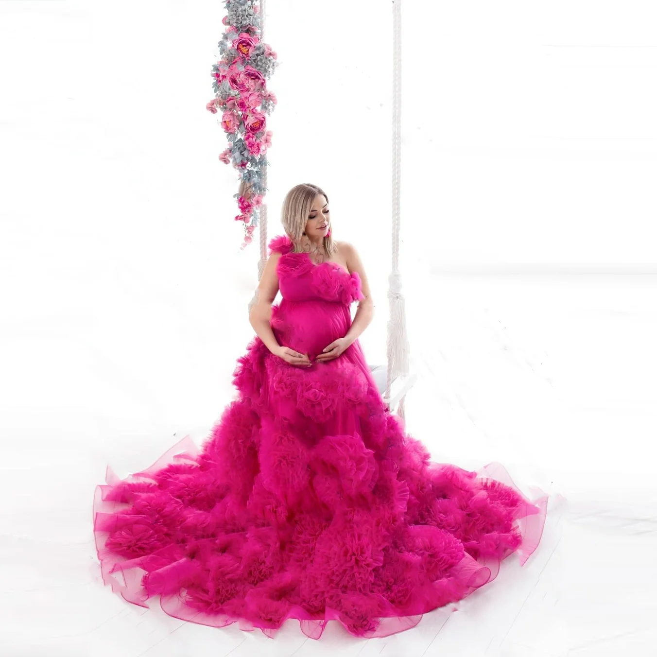 

Fuchsia Pregnant Dress Ruffled One Shoulder Floral Lush Maternity Dresses Layered Tulle Maternity Dress for Photoshoot