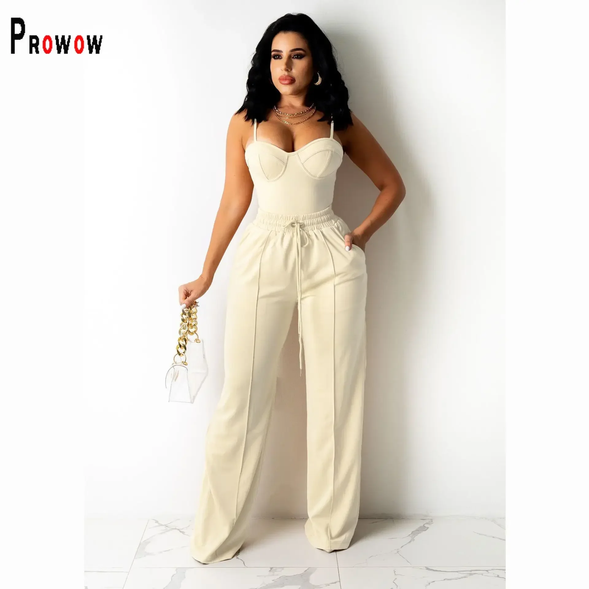 

Prowow Women Clothing Set Zipper Crop Tank Tops Wide Leg Pant Two Piece Solid Color Suits New Summer Female Streetwear Outfit