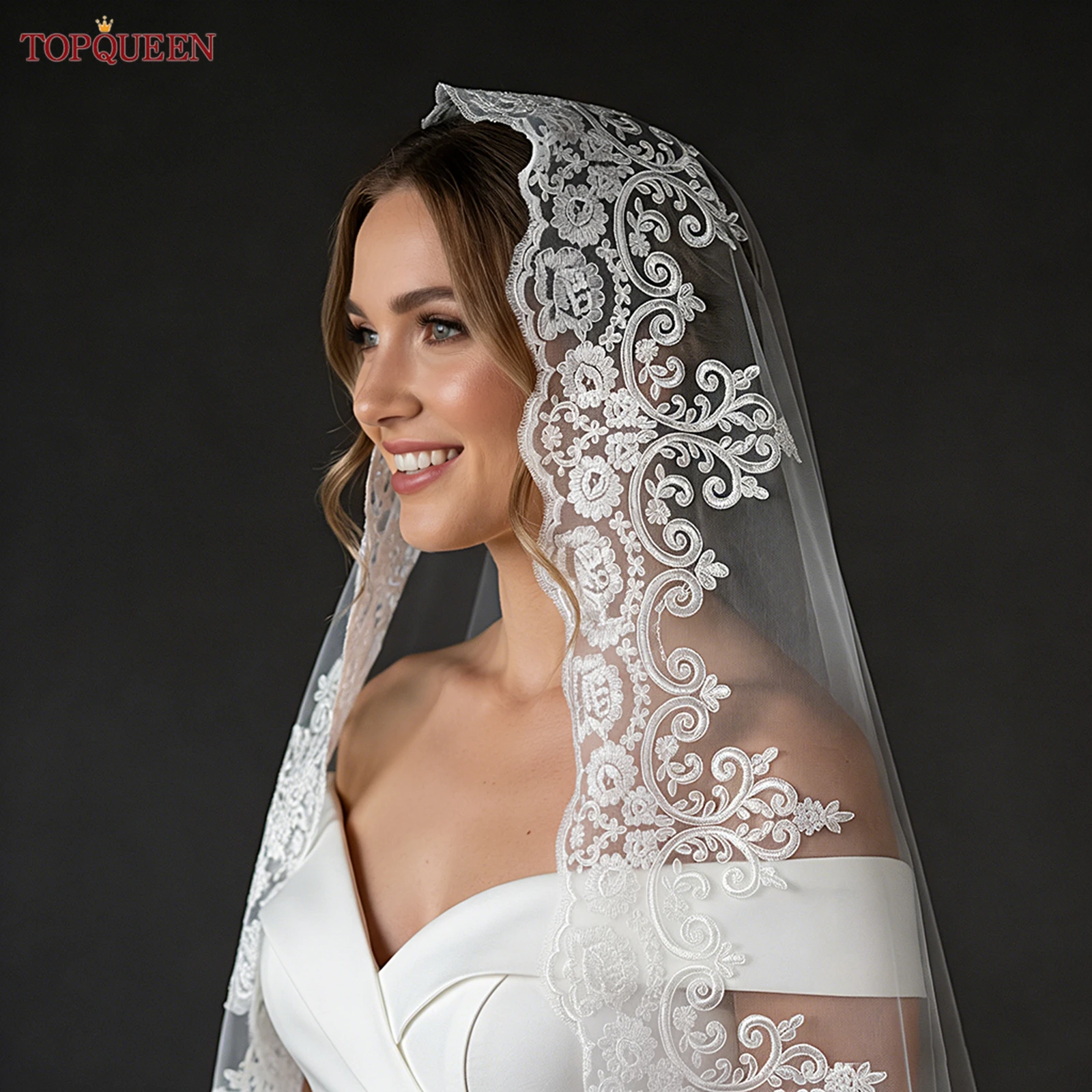 

TOPQUEEN Mantilla De Novia Velo Кружевная соборная фата длиной 3 м, белая кремовая однослойная с расческой для волос, настраиваемая V68
