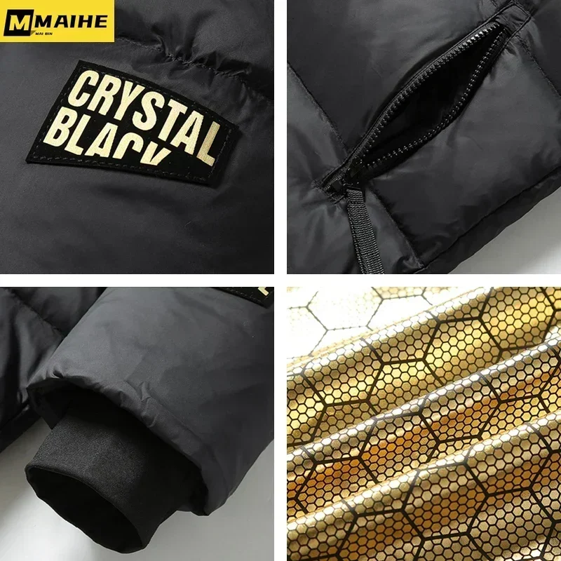 Casaco quente e grosso para baixo longo masculino, casaco com capuz, impermeável, preto, dourado, casual, Parkas à prova de vento, masculino, inverno, novo