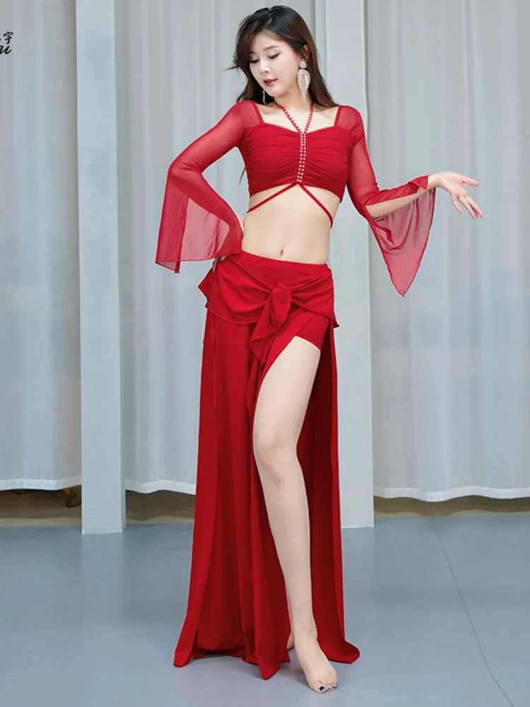 Abito da danza classica elegante per la pancia con top con scollo quadrato con coulisse e gonna con volant sull'orlo diviso – Costume da spettacolo teatrale