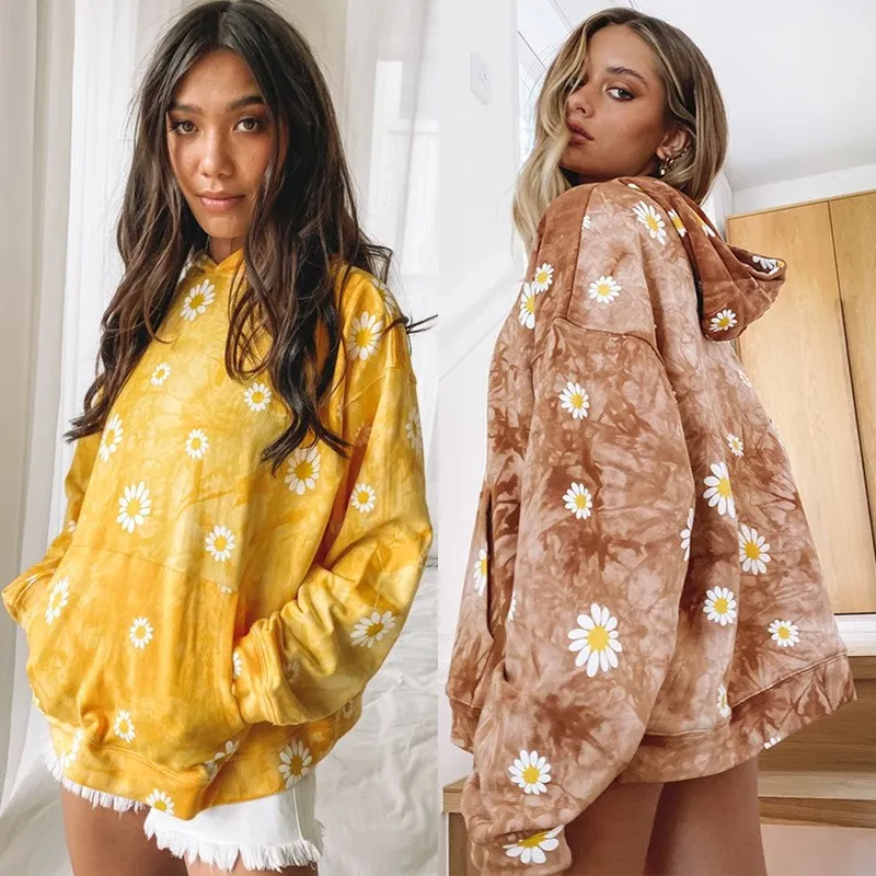 

Толстовка с капюшоном Tie-Dye Daisy, женская домашняя одежда, повседневная удобная куртка с принтом, европейский стиль, летняя мода