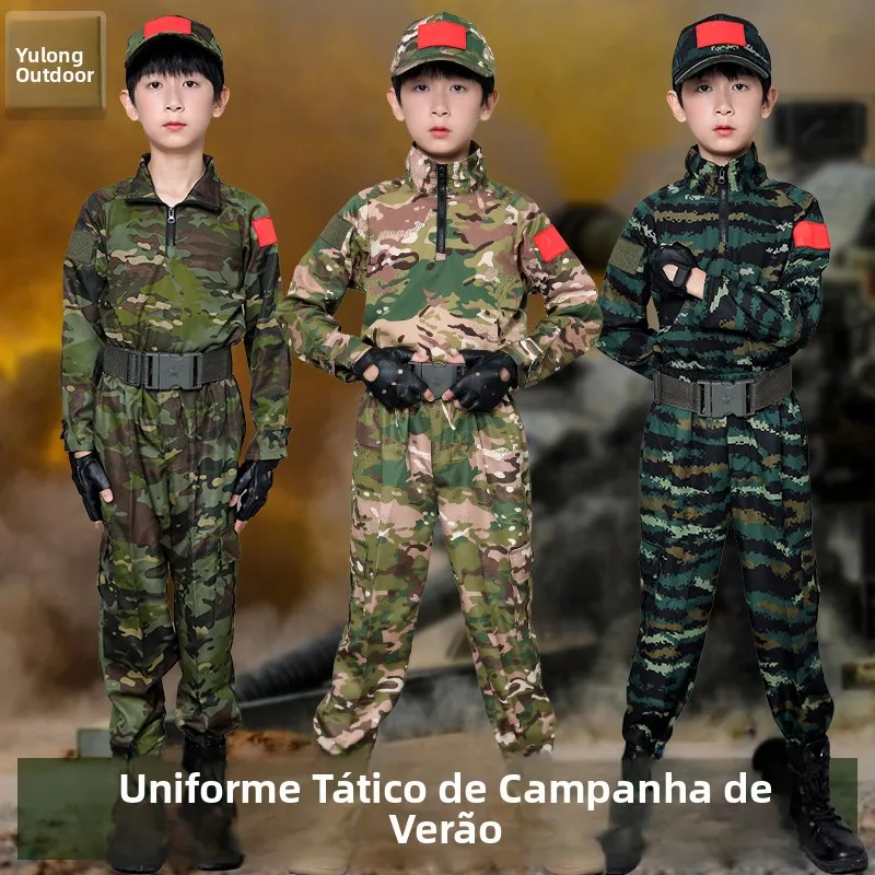 Conjunto de Roupa Tática Camuflada Infantil para Acampamento de Verão ao Ar Livre, Treinamento Militar para Meninos e Meninas...