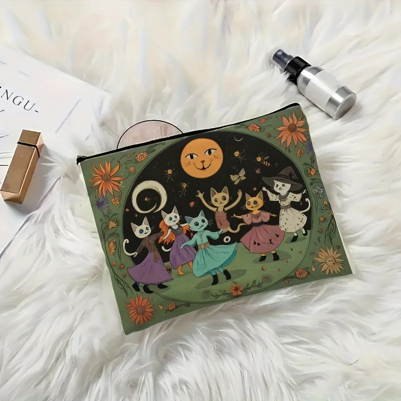 1pc Beauty Tool Makeup Bag Toiletry Bag, Retro Witch Halloween Cat Print Cute Cartoon Style Multifunctional Storage Bag, Gift