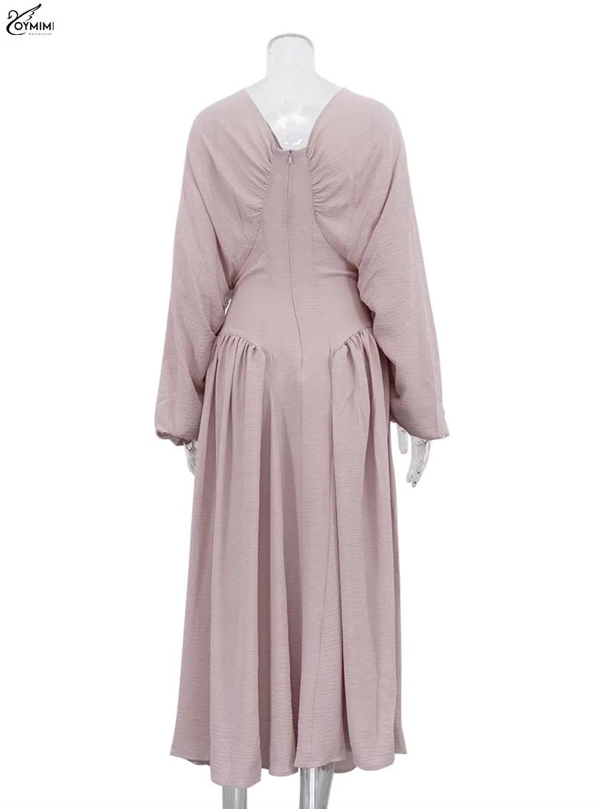 Oymimi Fashion Pink Loose Women\'s Dress Elegant V-Neck Long Sleeve Solid Dresses Spring Casual Pleated Floor-Length Dress Female