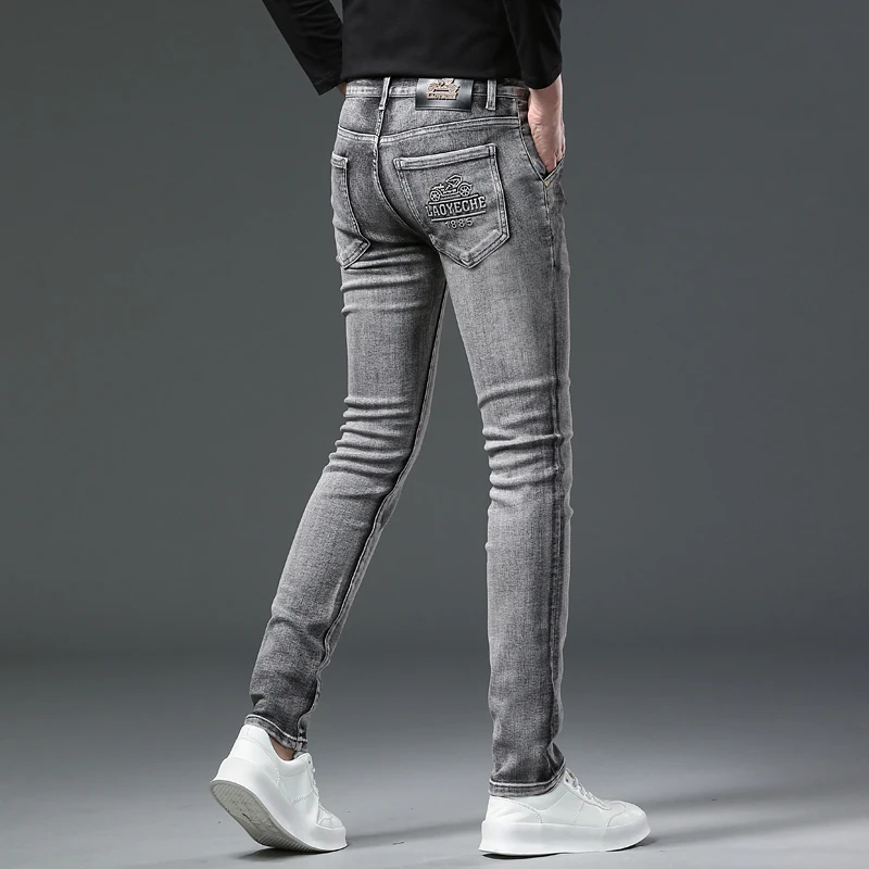 

Smoky gray jeans men's Stretch Slim Fit Ankle-tied trendy three-dimensional printing fashion casual all-match business pants