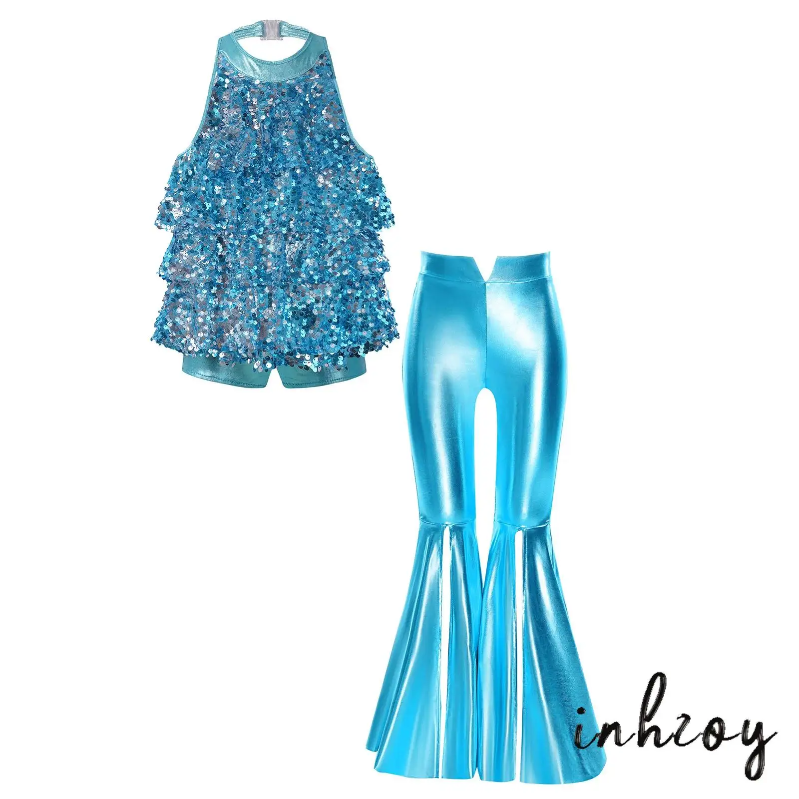 

Комплект из 2 предметов: детский костюм для джазовых и диско-танцев для девочек, топ-халтер без спинки с блестящими пайетками и металлические брюки-клеш с разрезами, уличная одежда