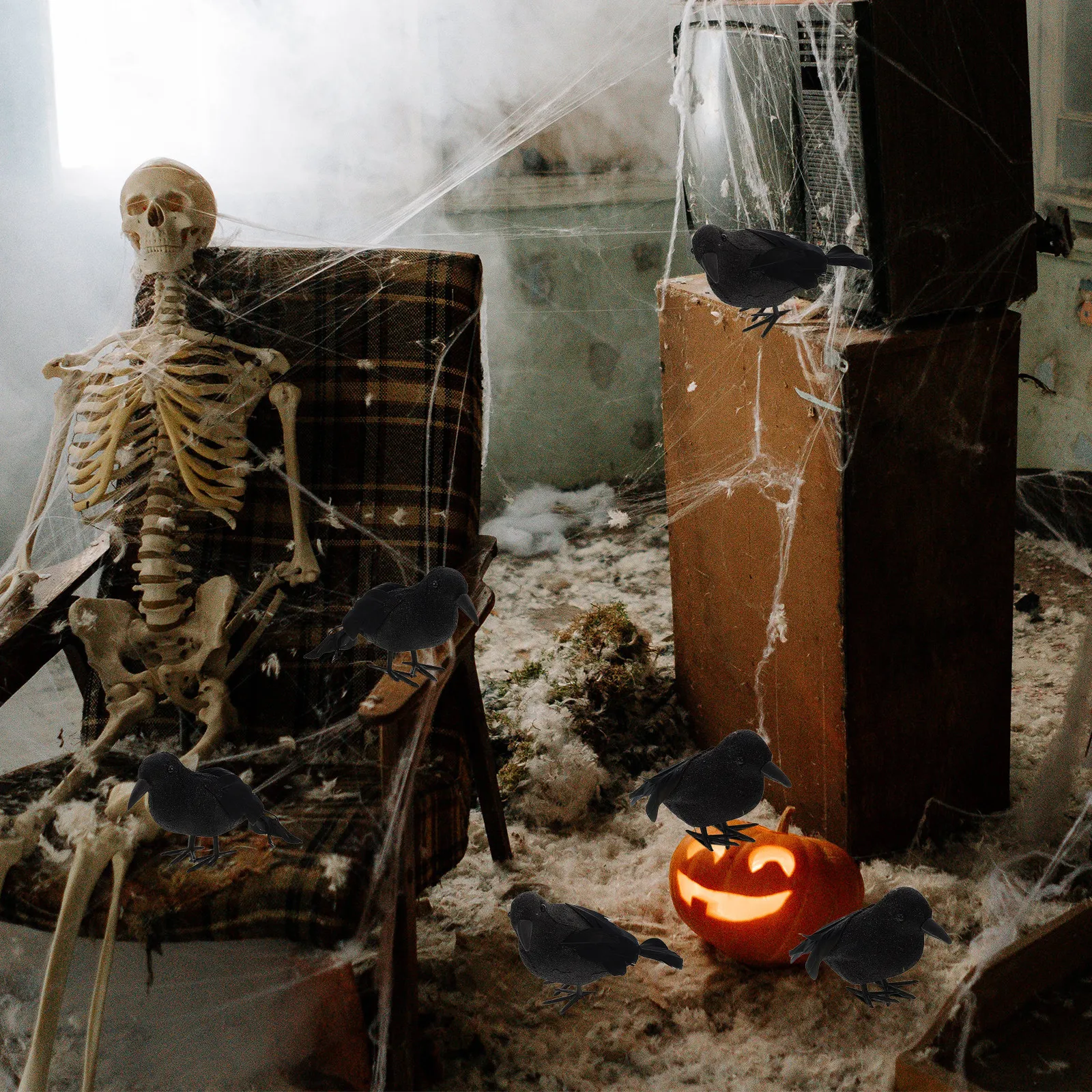 

Набор из 6 реалистичных черных воронов для декора на Хэллоуин: пугающие воронки с перьями для стола, камина, крыльца, реквизит для фотосессий