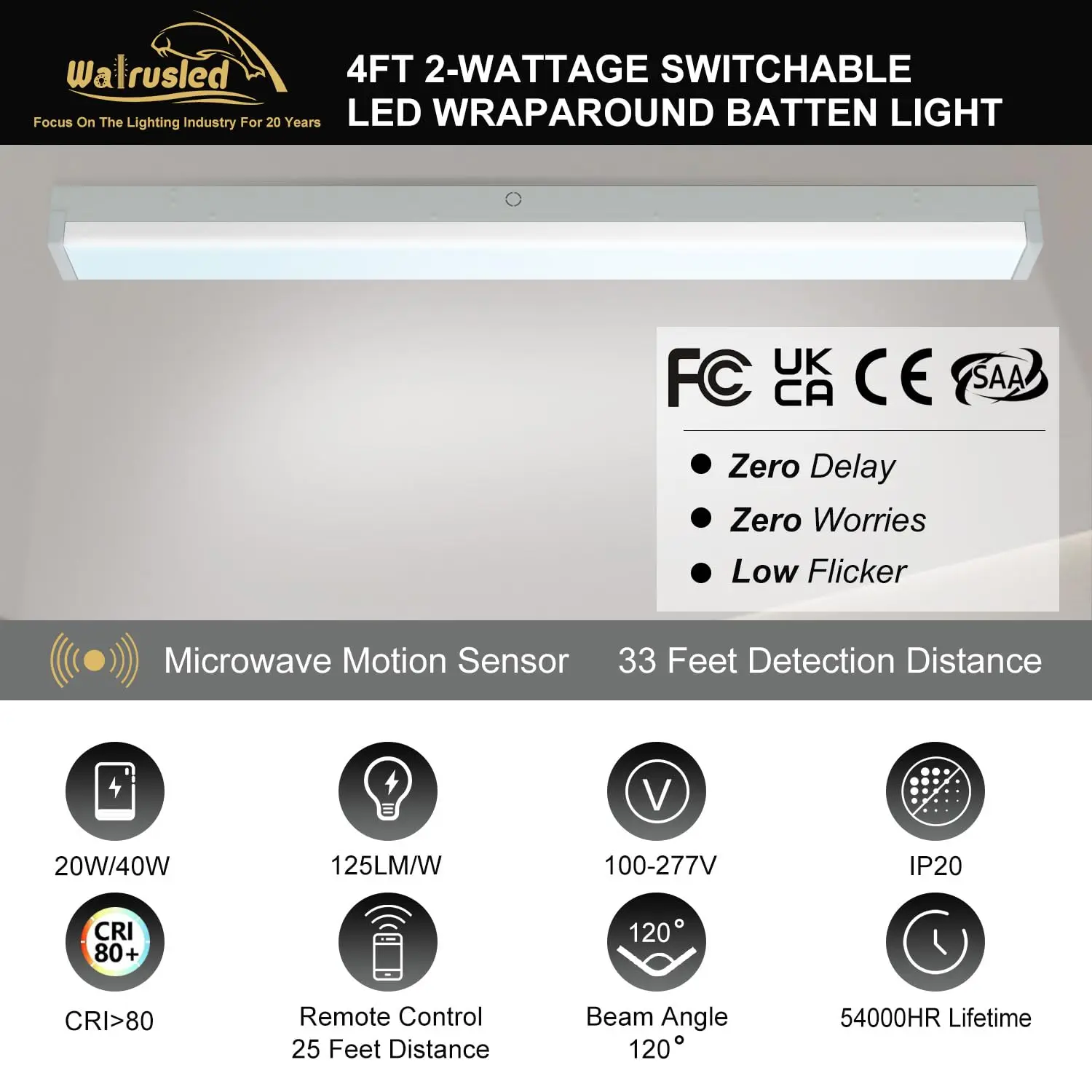 4 Foot Tri-Level Motion Sensor LED Wraparound Stairwell Light with Remote 40W 100-277V 5000lm 5000K Dimmable Shop Ceiling Light