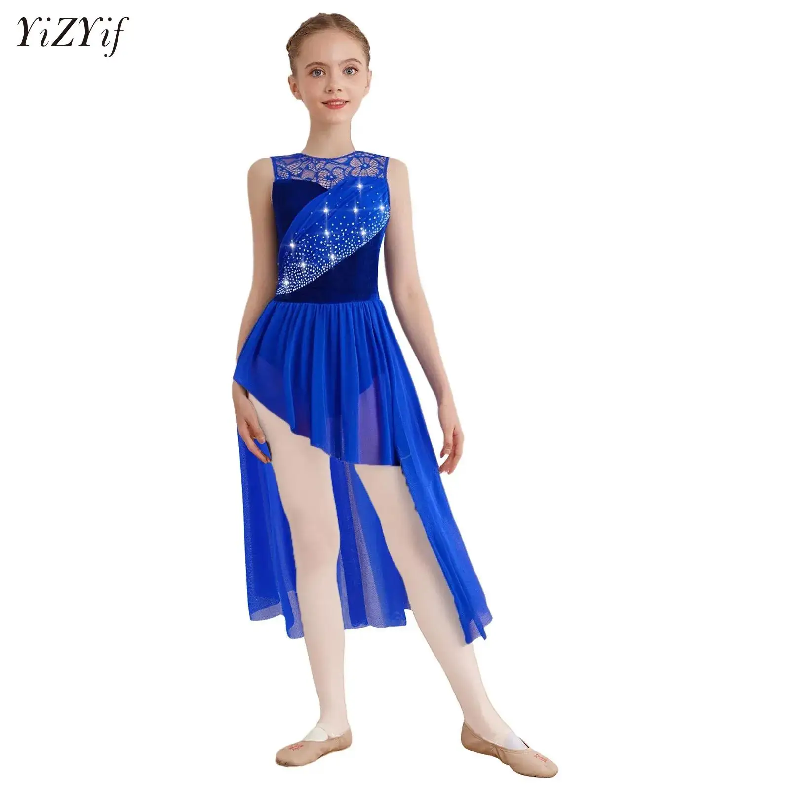 

Girls Lyrical Dance Dress Ruched Mesh Overlay Ballet Jersey Gymnastics Skirted Leotard Figure Skating Modern Performance Costume