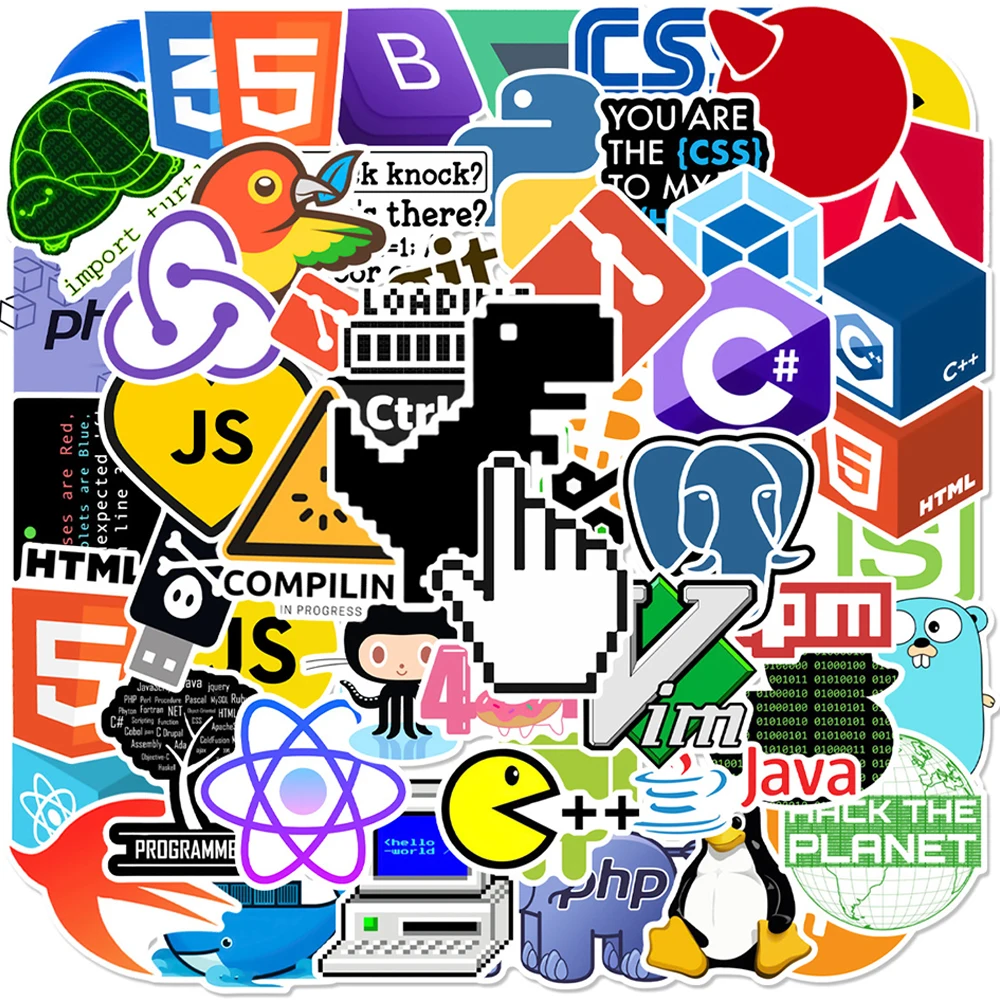 10/30/50pcs Pegatinas de dibujos animados de programación y redes, calcomanías geek de Java y Git, pegatinas divertidas de graffiti para DIY, cuadernos, maletas y monopatines