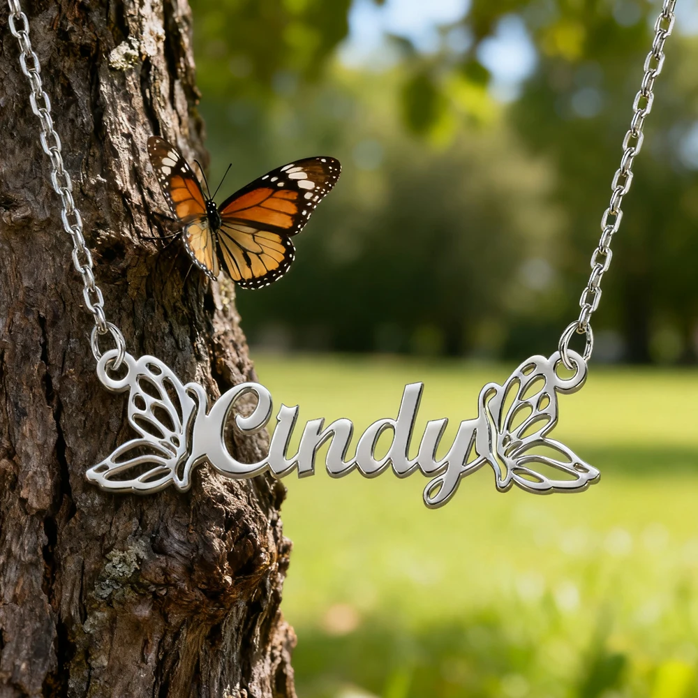 

Lemegeton ожерелье с именем бабочки на заказ, ювелирные изделия из нержавеющей стали для женщин, персонализированный кулон с крыльями бабочки, подарки на день рождения