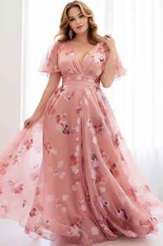 Flycurvy Plus Size Everyday Pfirsichrosa Blumen-Maxikleid aus Chiffon mit Flatterärmeln und Empire-Taille