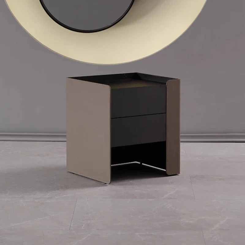 Modern light luxury saddle leather bedside table High-end bedroom bedside, Italian minimalist smoky color storage locker