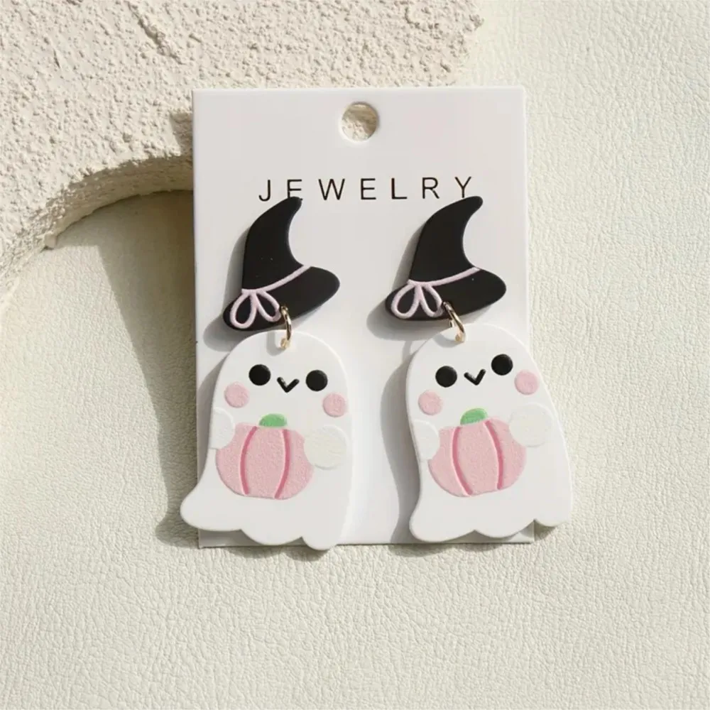 1 Pair Halloween pink Pumpkin Acrylic Dangle Earrings for Women Whimsical Hat Design Halloween Decoration Festive Jewelry Gifts