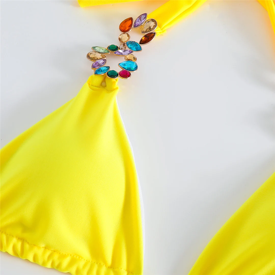 Diamantbesetzter Bikini mit Rock und Neckholder, dreiteiliger Badeanzug für Damen, Badebekleidung, Badeanzug, Schwimmanzug V4849 – Detail 34