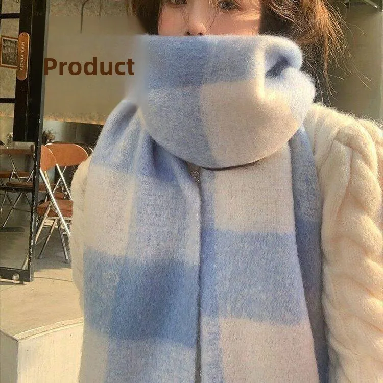

New Cream Blue Plaid Cashmere Scarf Women's Versatile Warm Student Neck Warmer Universal Spring Summer Shoulder Shawl