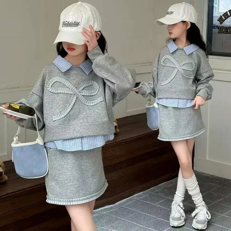 

Girls' College Style Set Spring and Autumn New Children's Bow Hoodie Half Skirt Fashion Korean Two piece Set