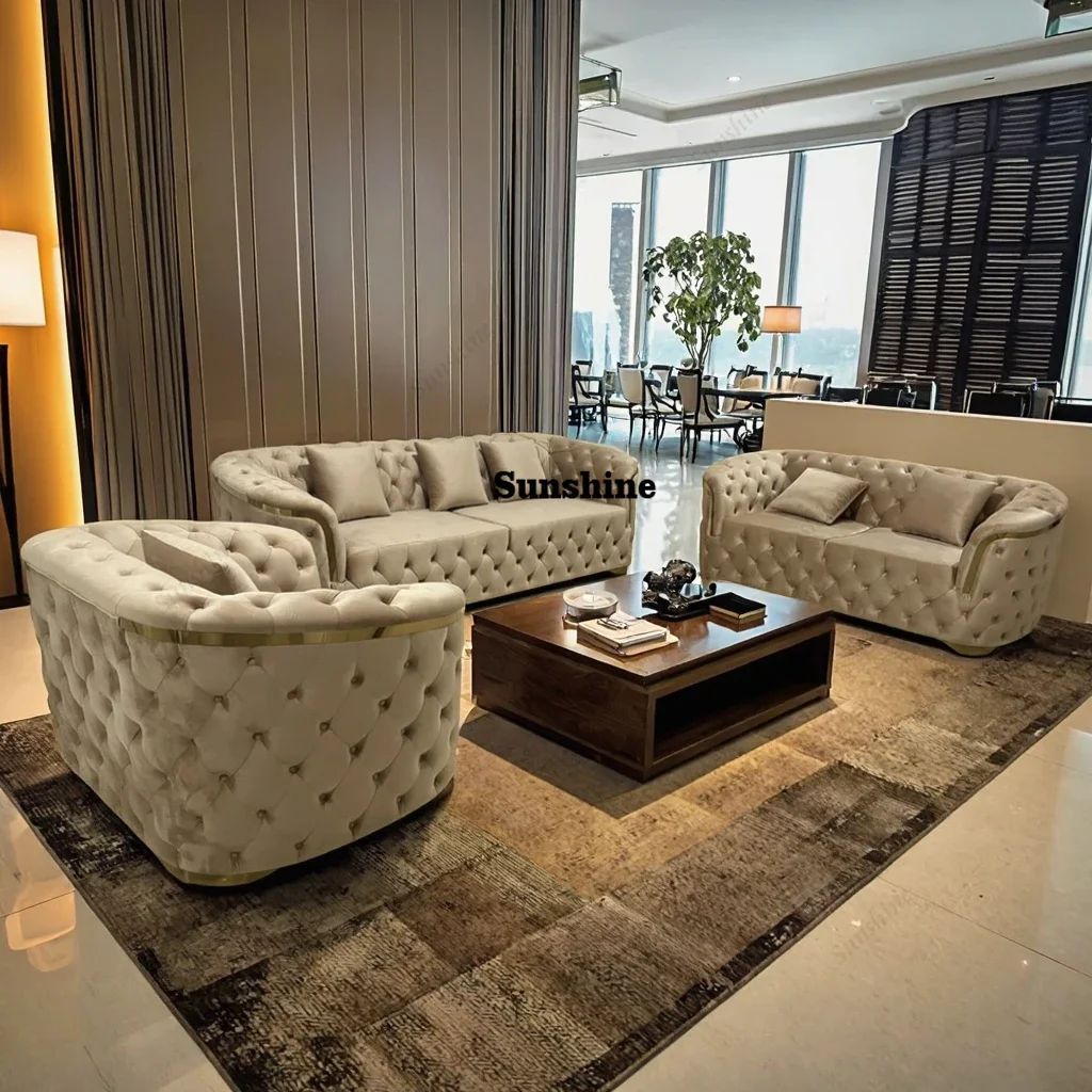 Luxury Gold Stainless Steel and Velvet Soft Sofa for Hotel Office Villa Warehouse or Export Use SofaYY