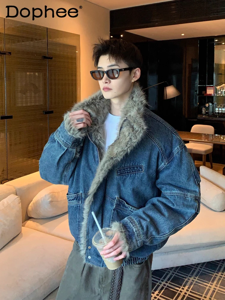 

Men's 2025 Winter New Fleece-Lined Thickened Denim Parkas Stylish Long Sleeve High-End Parkas Male Long Sleeve Handsome Coats