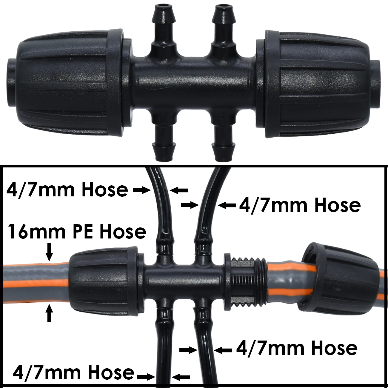 KESLA Quick Connectors 16mm 1/2\'\' PE Tubing to 4/7mm Hose w/ Thread Lock Tee Garden Irrigation Water Adapter to 1/4\'\' Micro Pipe