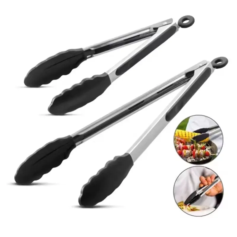 

9-inch Silicone Food Tongs Grill Stainless Steel Food Grade Silicone Tip Non-slip Food Tongs BBQ Tongs Kitchen Utensils