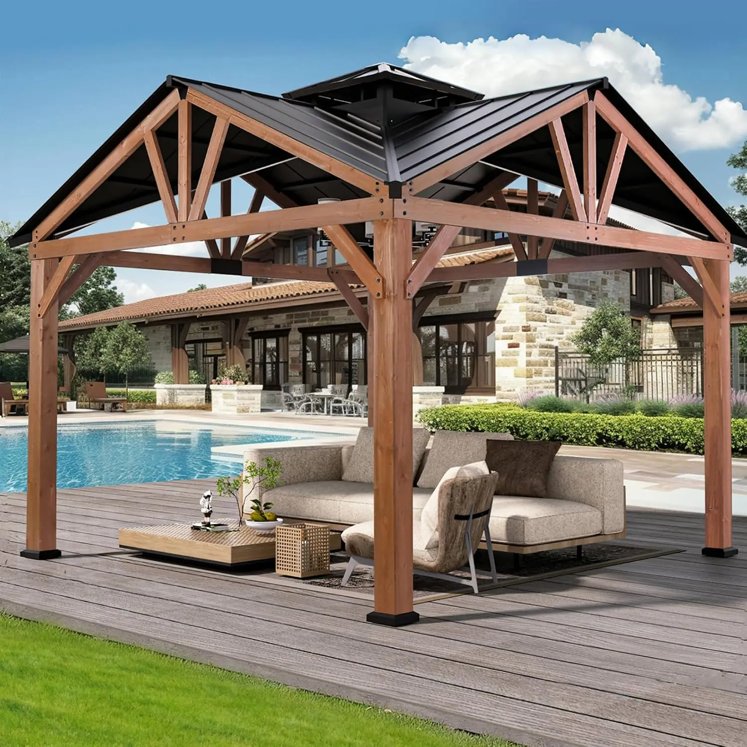 Modern Shade Cedar Wood Gazebo 12’ x 12’, Heavy Duty Hardtop Gazebo with Steel Roof, Water Resistant, Wind Resistant, Solid Wood