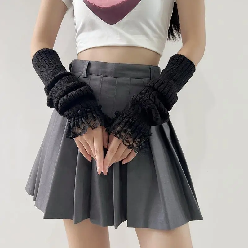 Aquecedores de braço de malha longa sem dedos luvas sem dedos y2k rendas cosplay anime luvas gótico harajuku malha mitten mangas de braço