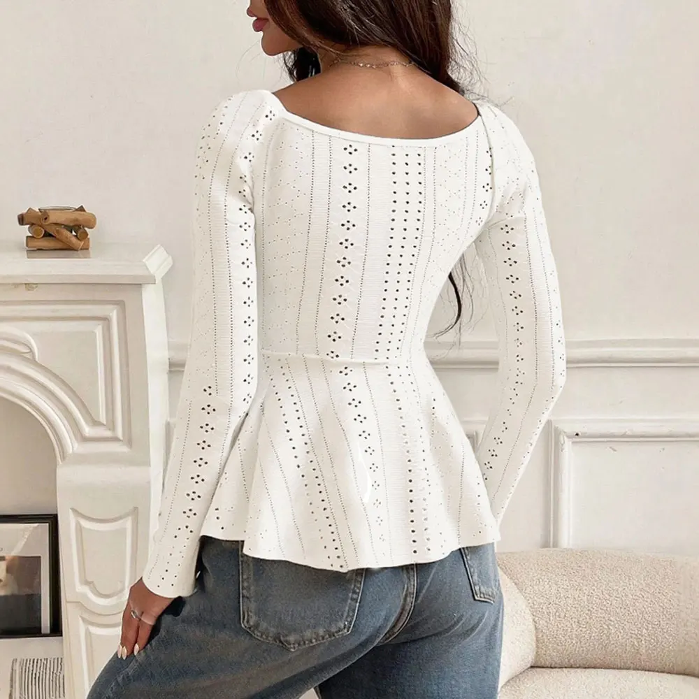 أنيقة طويلة الأكمام U الرقبة لصق تي شيرت للنساء مع القوس حافة التفاصيل شتاء جديد وصول السيدات لون نقي أعلى #3