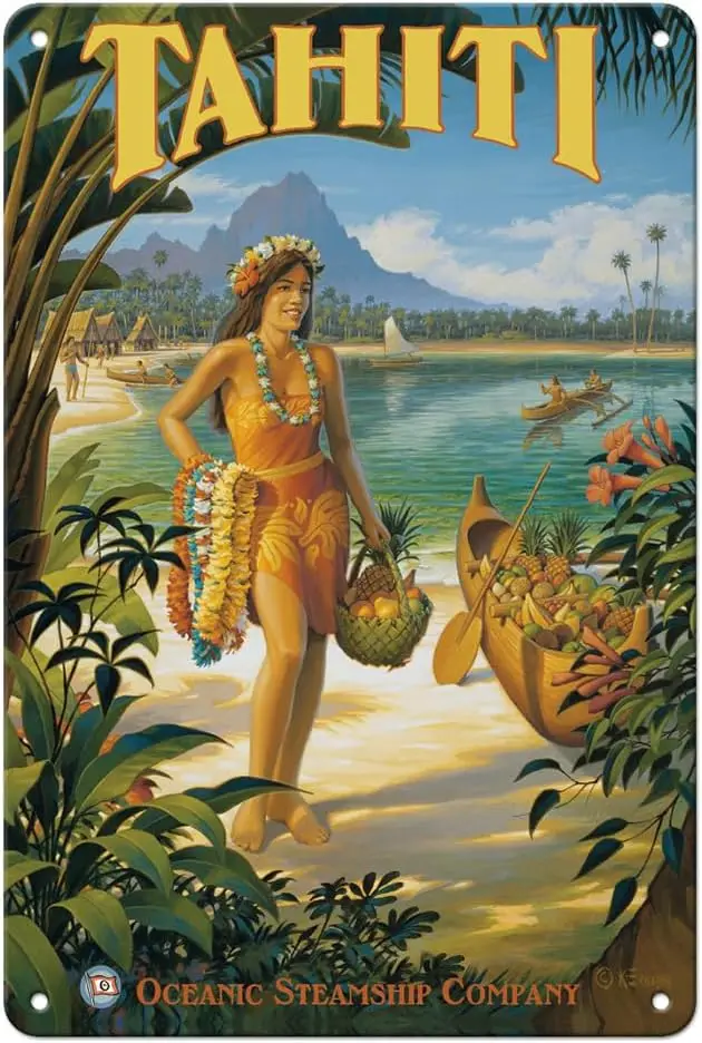 Pacifica Island Art Tahiti - Oceanic Steamship Company - Tahitian Native with Fruit and Flower Leis - Vintage Ocean Liner T sign