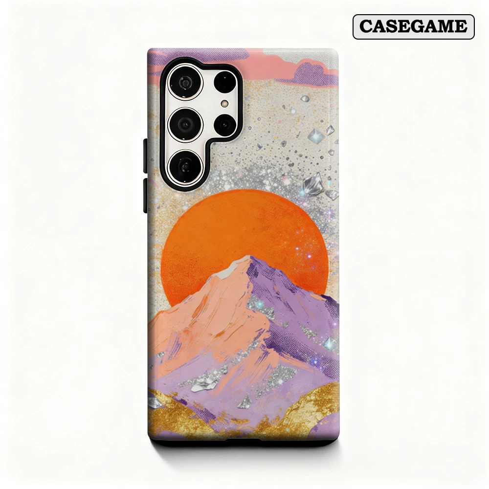 Casegame Phone Case for Samsung Galaxy S25 S26 Ultra S24 S23 Ultra Plus Shockproof Double Layer Boho Mountain Sunset Cover
