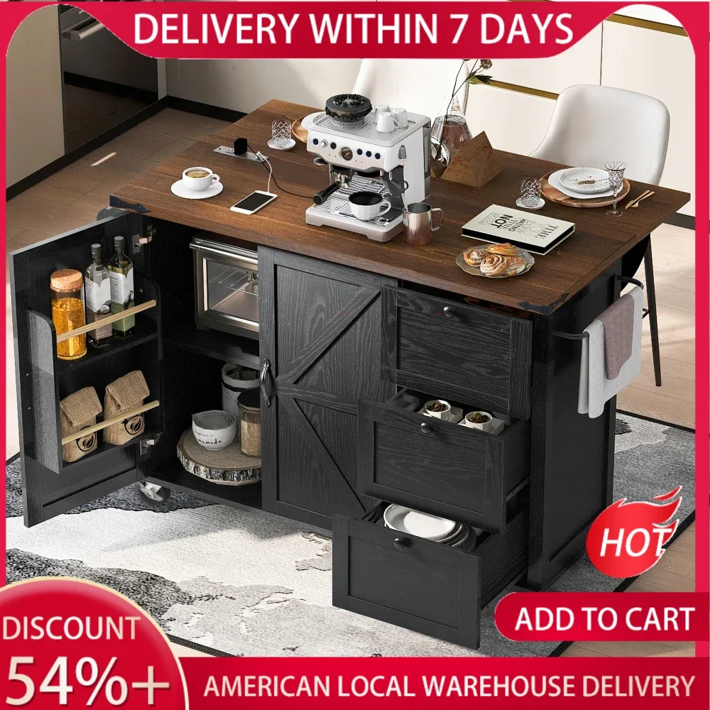 

Farmhouse Kitchen Island with Power Outlet, Drop Leaf, Spice Rack and Drawer,Rolling Kitchen Cart on Wheels,for Home Dining Room