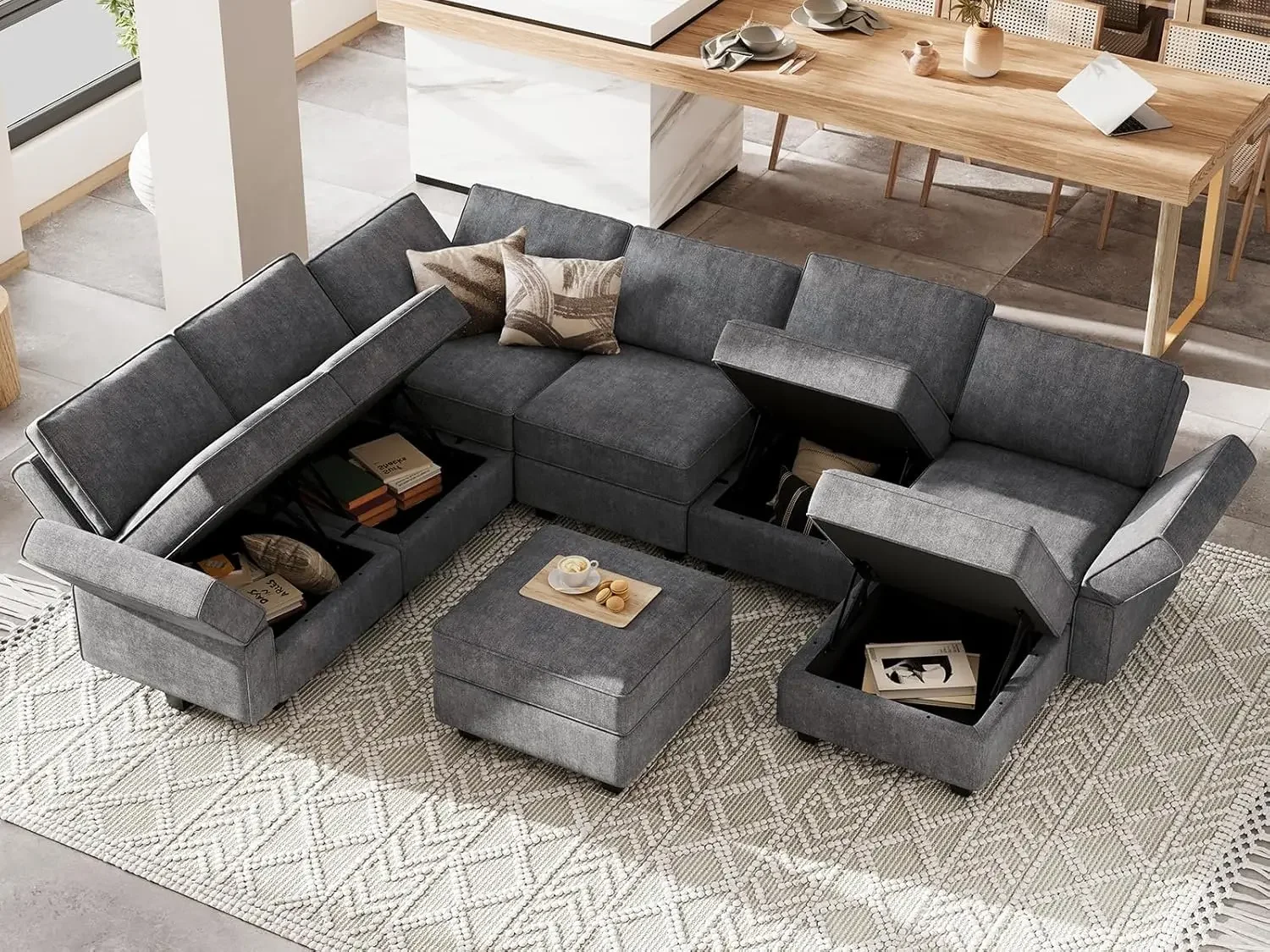 U/L Shaped Sofa Modular Couch Reversible Storage Ottoman Sofa Large Couches,Black/Dark Grey