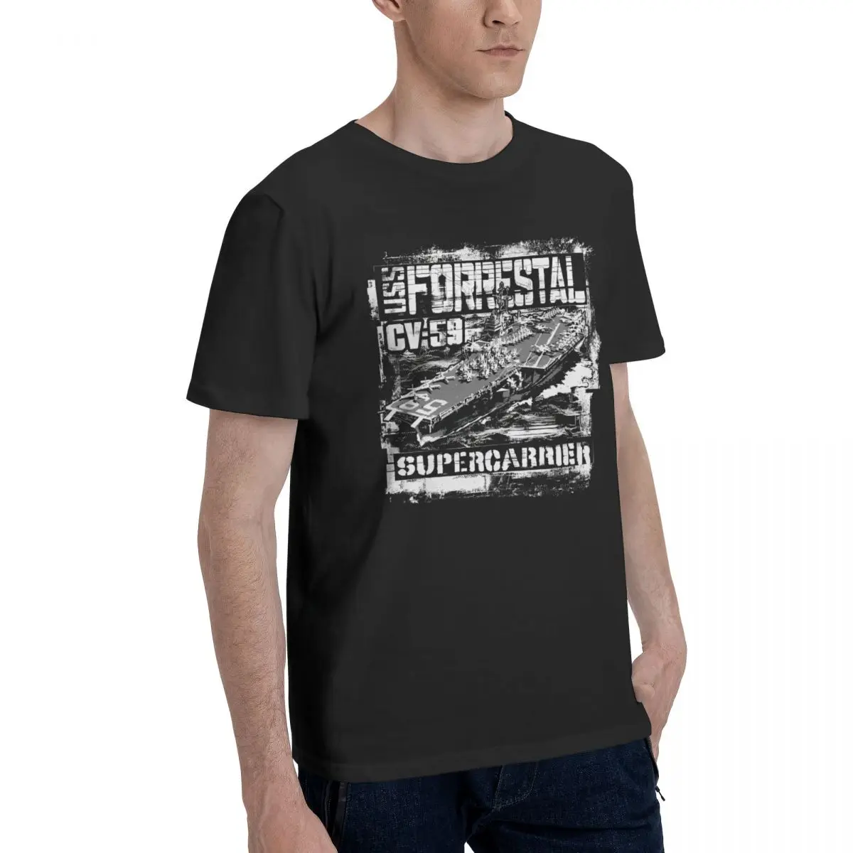 Novelty Men's T-shirt Forrestal S Black O-Neck Pure Cotton Aircraft carrier short sleeve Man Tee Shirt