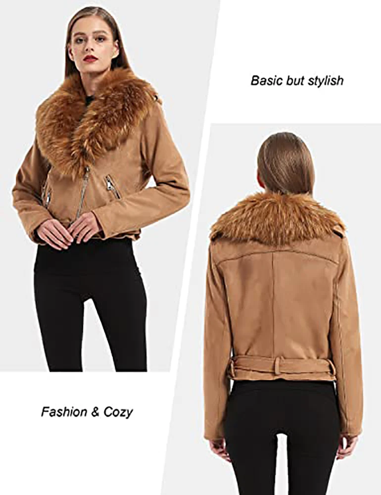 Giolshon Women Winter Faux Fake Leather Jackets Lady Vintage Thick Warm Suede Short Moto Coats Chic Casual Outwear Tops Female