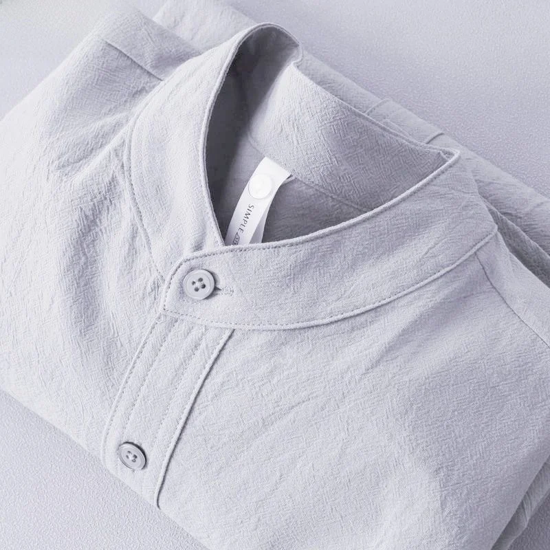

Gray White Cotton Linen Short Sleeve Shirt Men's Summer Fashion V-neck Breathable Lightweight Retro Style Pure Color Top