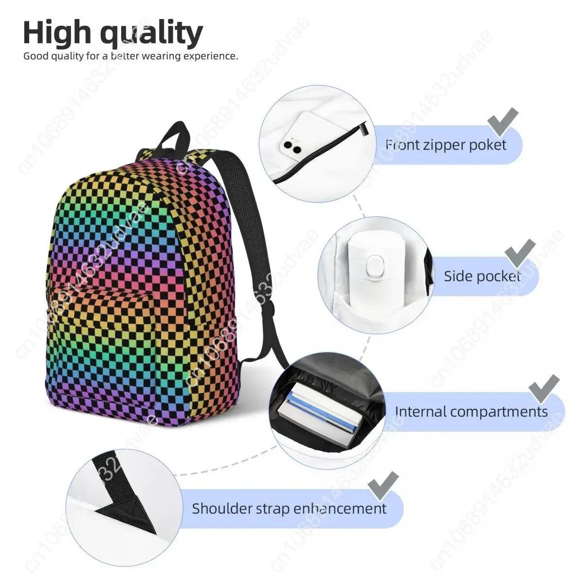 Rainbow And Black Checkerboard Backpack for Men Women Casual High School Work Daypack Neon Colorful College Shoulder Bag Outdoor