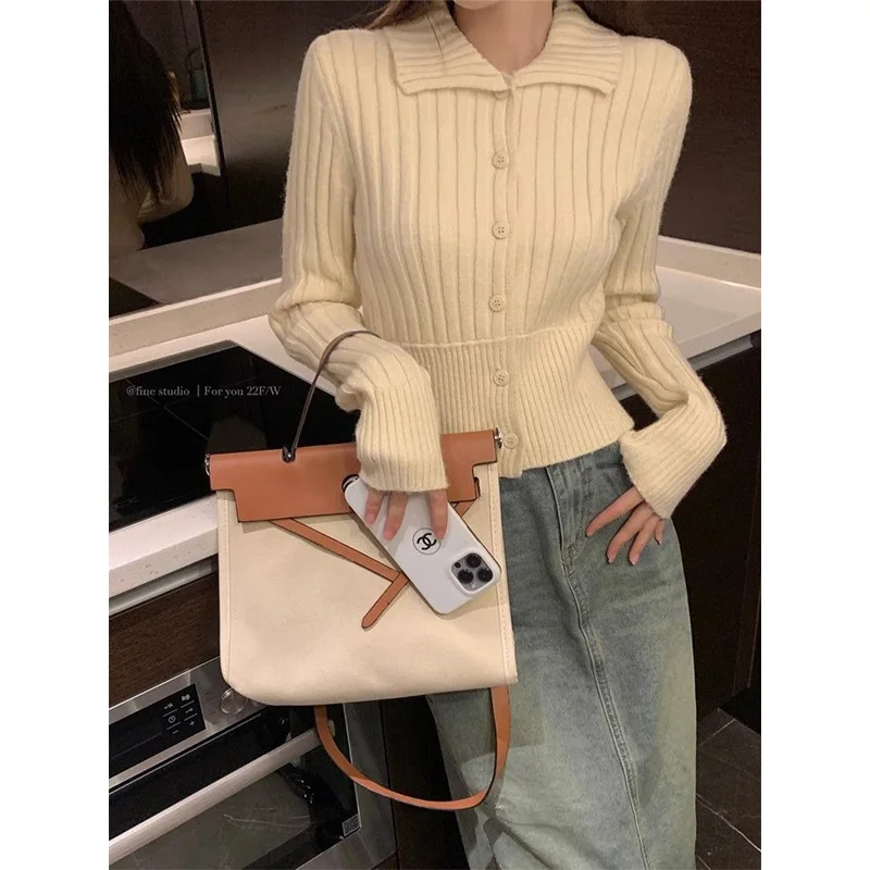 Mujer Otoño Invierno moda botón Color sólido Polo cuello tejer camisa de fondo ropa de mujer todo-fósforo jerseys delgados Top