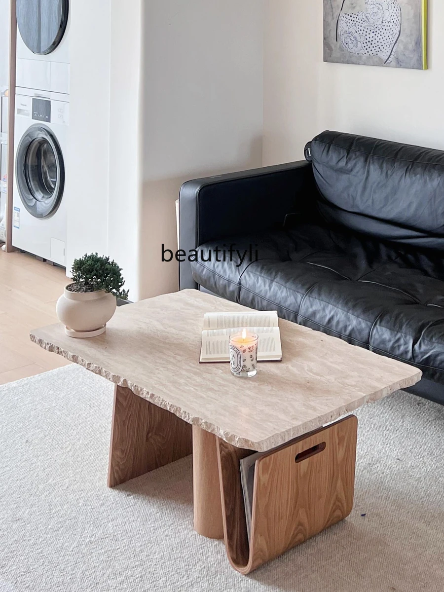 

French Wabi-Sabi Style Natural Travertine Coffee Table for Small Living Rooms, High-End Home Use Coffee Table