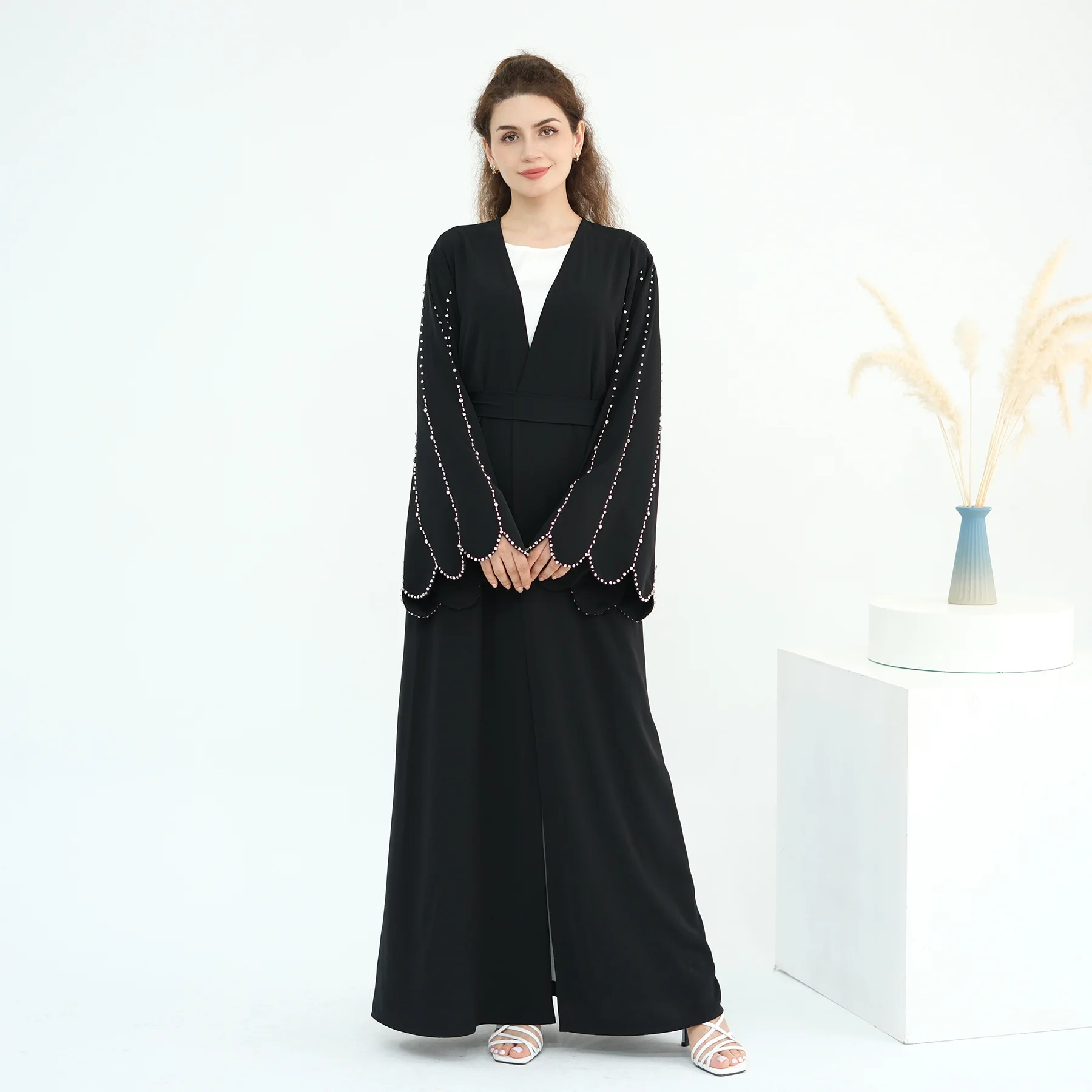 FW25 MIZON New Women Elegant Longline Handmade Beaded Spandex Cardigan with Stylish bell shaped Sleeve for Elegant Daily Styling