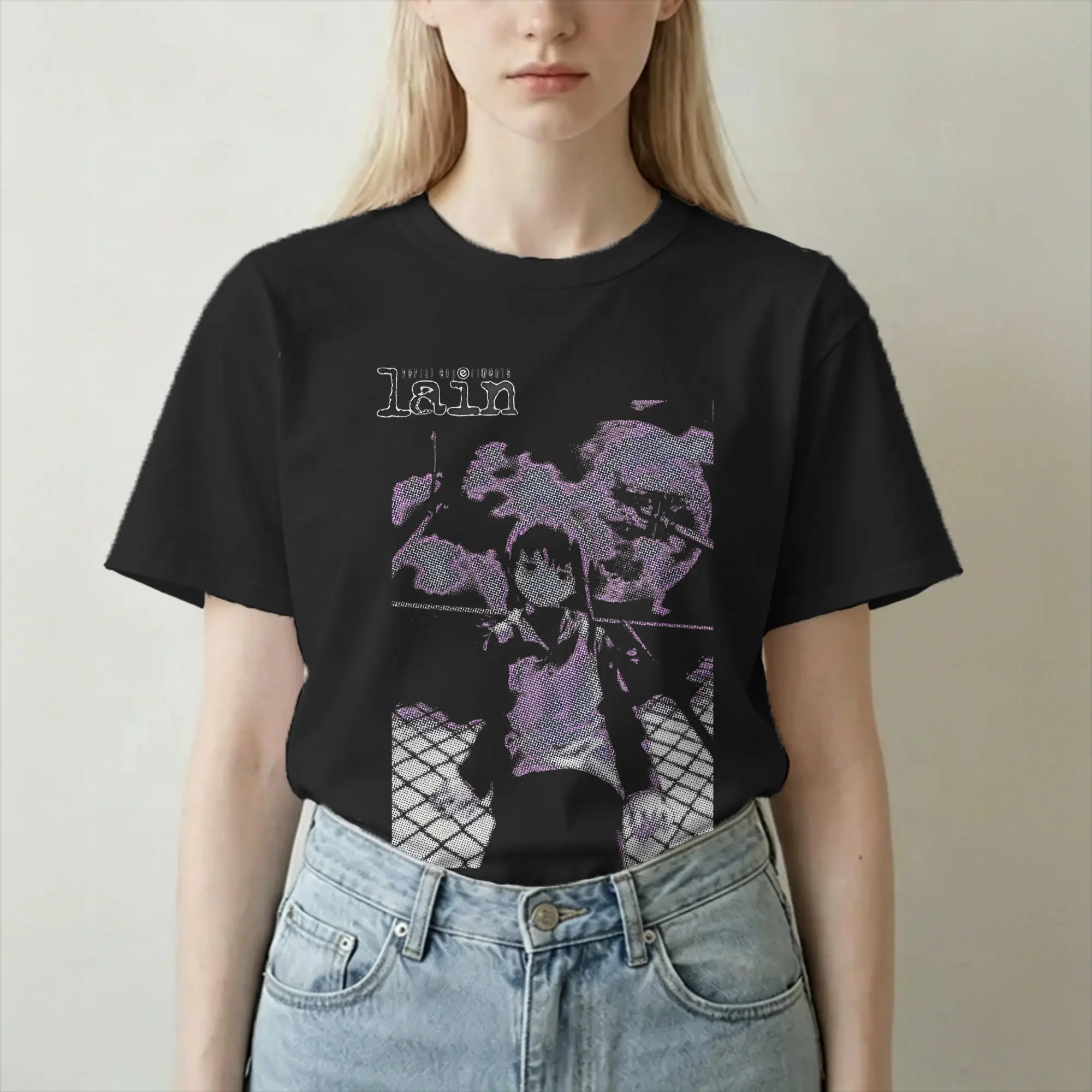Serial Experiments Lain T Shirt Men Women Pure Cotton for Male T-Shirt Crewneck Anime Manga 90s Goth Tee Shirt  Clothes Printed