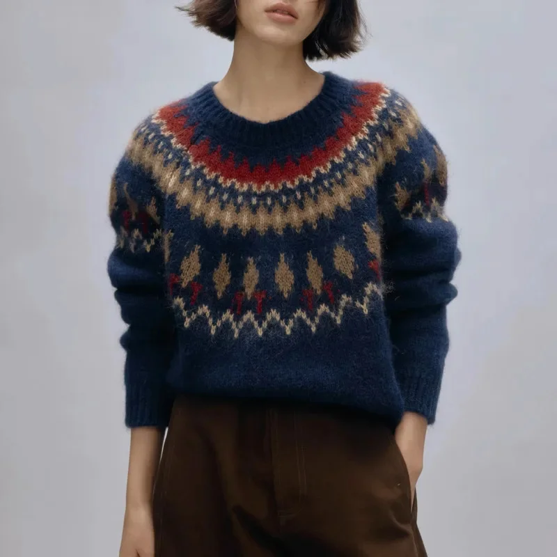 3D Korean Knit Sweater Female Autumn Winter Y2K Korean Contrasting Cotton Loose And Lazy Round Neck Long Sleeve Pullover Top New