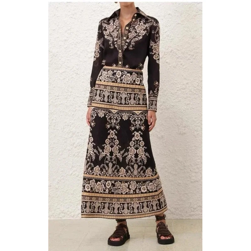 

2025 White Latest New High Quality Vintage Floral Printing Ramie Blouse and Midi Linen Skirt Women Hot Black Outfit for Holiday